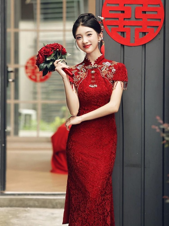 chinese dress ladies Red Lace Tea Length Prom Dress, Red Lace Homecoming Dress, Short Red F   abcprom