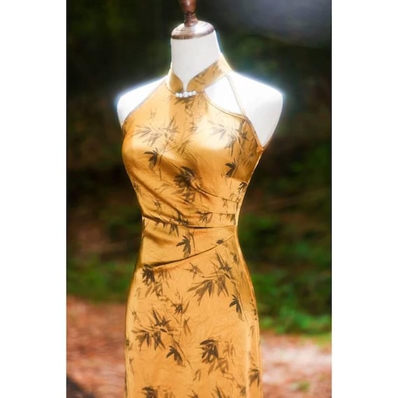 Cheongsam giallo senza maniche, Qipao cinese estivo, abito lungo