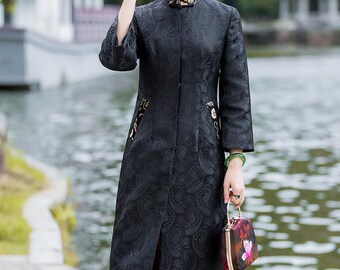 ジャケット・アウター mame 17AW MANDARIN JACQUARD Gown Coat Mandarin Collar Floral Embroidery Woolen Tang Suit