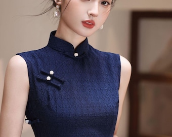 Qi Pao azul marino y azul cielo con botones laterales: elegante vestido chino moderno.