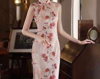 Pink/Green/Blue Floral Cheongsam: Sleeveless Summer Qipao Dress