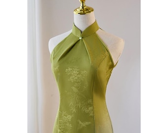 Mustard Green Sleeveless Cheongsam, Summer Halterneck Dress Chinese Qipao, Daily Wear QiPao Dress Wedding guest dress Vintage Dress