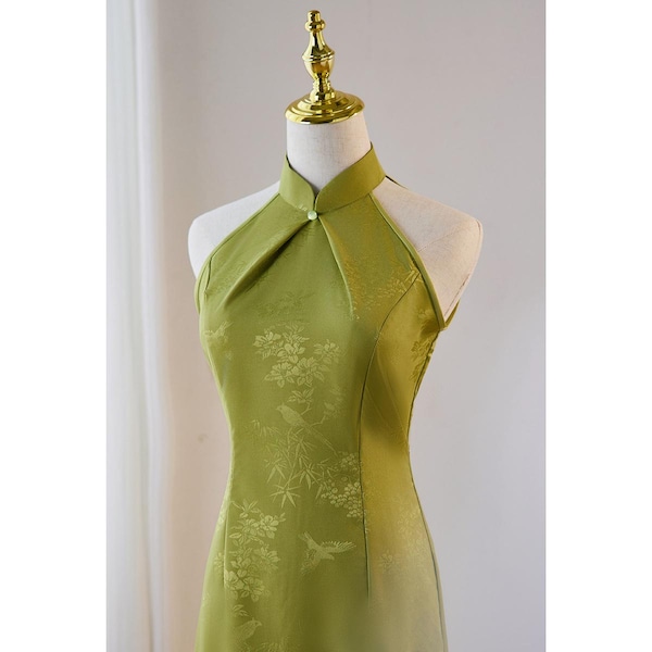 Cheongsam senza maniche verde senape: abito Qipao con scollo all'americana