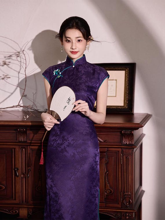 open lace back dress Purple Floral Halter Qipao Dress main image 0