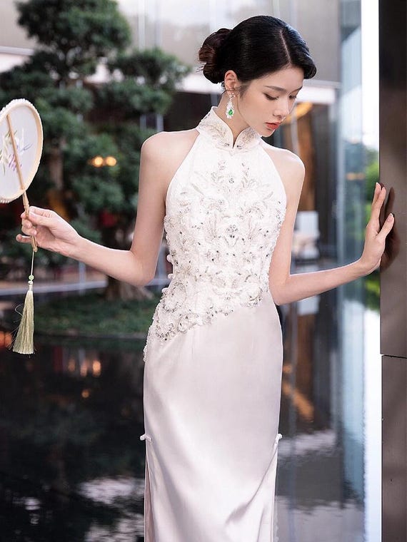 white christmas dresses Cheongsam-Inspired Ao Dai Bridal Dress with Detachable Cape Lisha