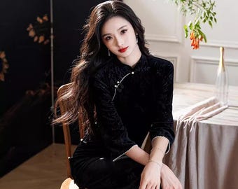 Qipao noir à manches papillon, robe Cheongsam chinoise vintage