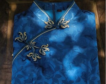 Blue Cheongsam, Summer Chinese Qipao, Blue long length Daily Wear Party Dress