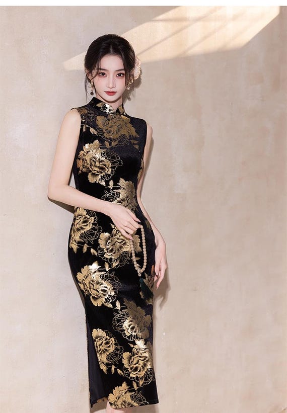 black gold foil dress Qi Pao: Sleeveless Modern Chinese for Spring Summer Art Basel