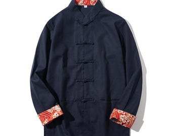 Chaqueta Tang de mezcla de lino para hombre: Cheongsam de manga larga con botones de rana