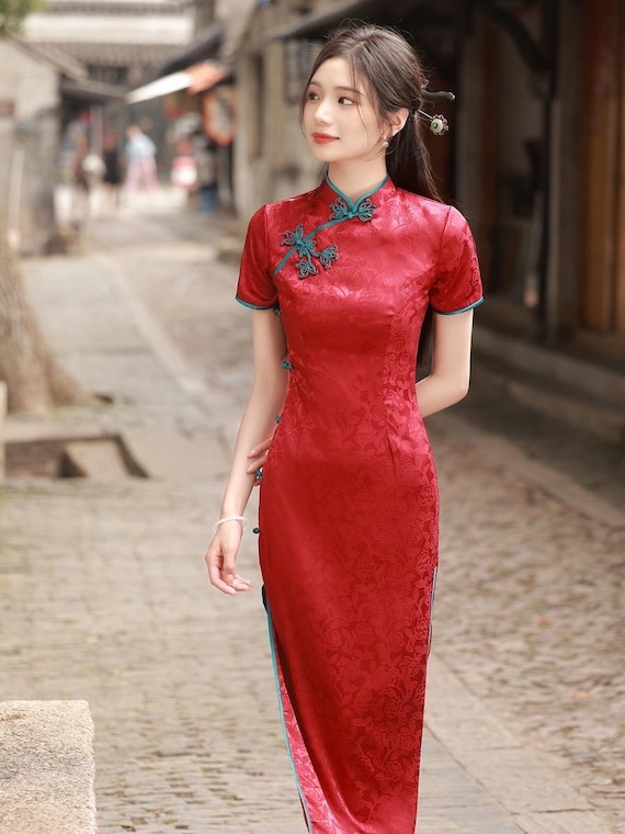 Blue Cheongsam Summer Chinese Qipao Blue Long Length Daily Wear Party Dress Etsy UK