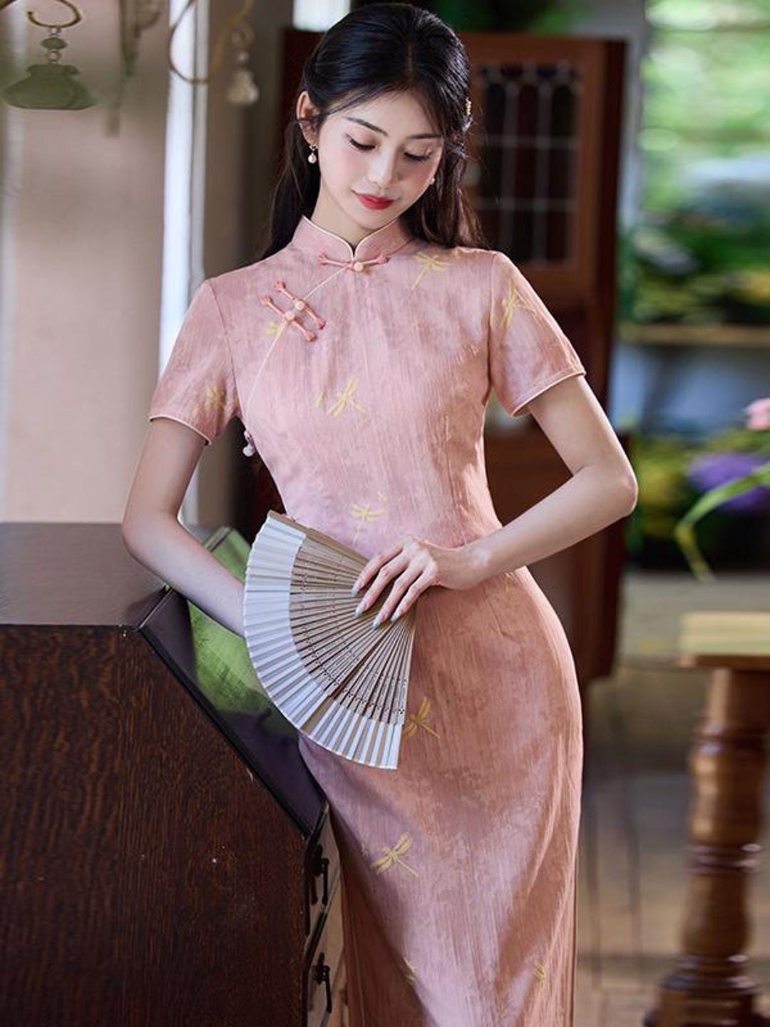 women's light pink chinese dress wedding dress, pink Qipao prom dress, wedding cheongsam – Beth&Brian Qipao ZYHT 80209 Cheongsam Qipao Chinese Dress Modern Pink Lace Slit Dress Short Sleeve Elegant Floral Women Dress New Design Modern China Qipao