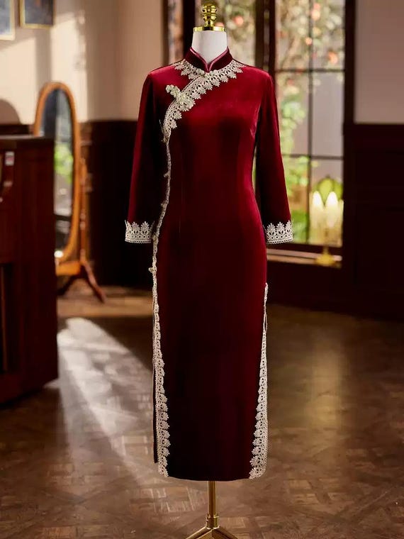 Borgogna/Nero Cinese Qipao Cheongsam Tradizionale Cinese Chipao