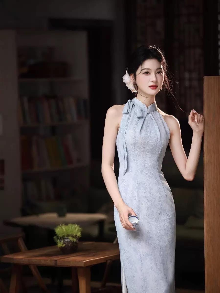 oriental blue dress Classic Chinese Blue Cheongsam Tight Fitted Dress With Side Slit Wholesale #T69030