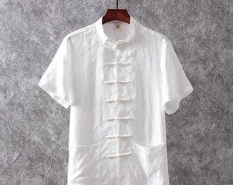 Men's Linen Tang Shirt: Short Sleeve Cheongsam with Frog Buttons