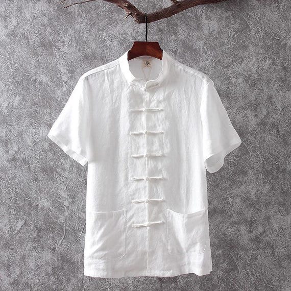 Men's Linen Tang Shirt: Short Sleeve Cheongsam With Frog Buttons