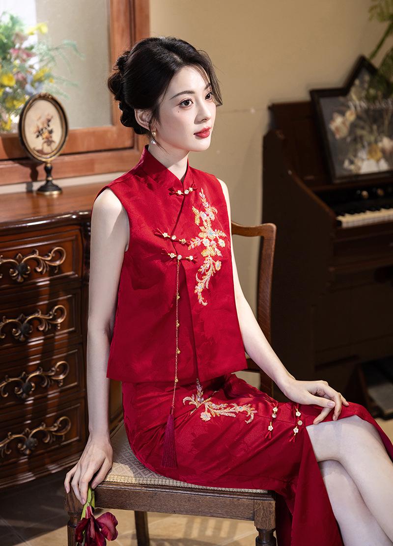 burgundy chinese dress Burgundy A-Line Puff Sleeve Wedding Cheongsam Qi Pao Dress