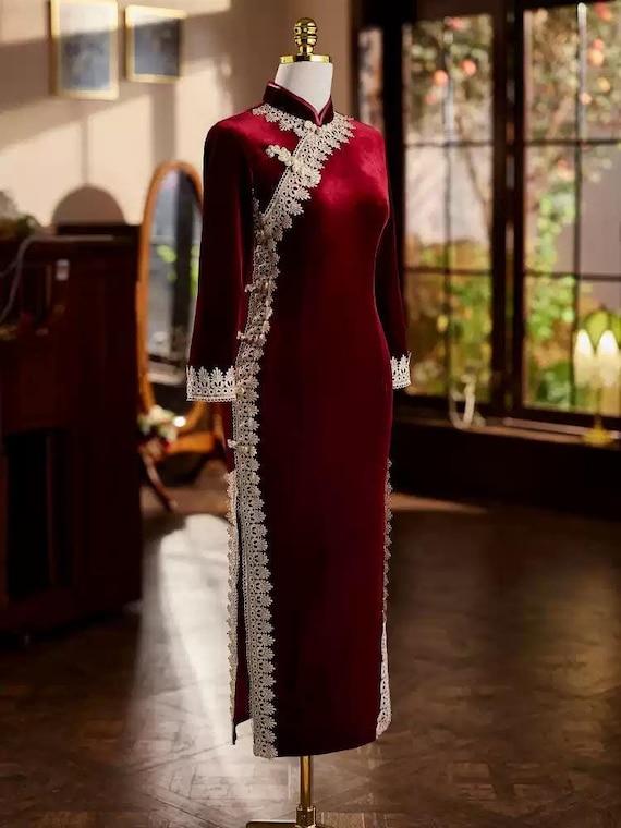 Borgogna/Nero Cinese Qipao Cheongsam Tradizionale Cinese Chipao
