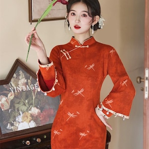 Tangerine Orange Qi Pao Dress: Modern Chinese Style, Slim Fit