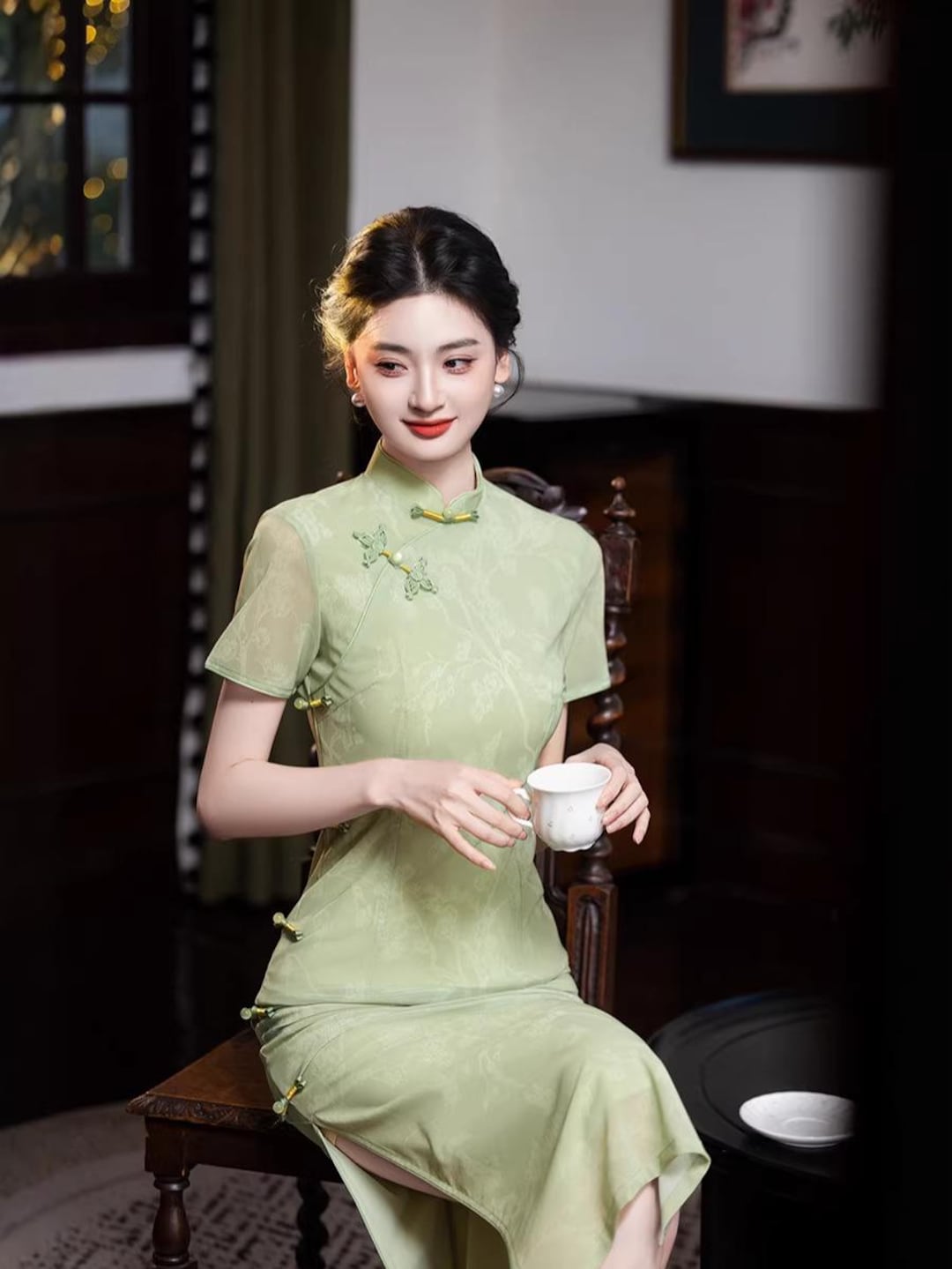 chinese dress green Elegant Retro Chinese Style Velvet Floral Daily Modified Qipao Cheongsam Green / L main image 0
