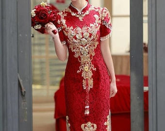 Qipao chinês tradicional vermelho para casamento | Vestido longo para cerimônia do chá e chá de panela