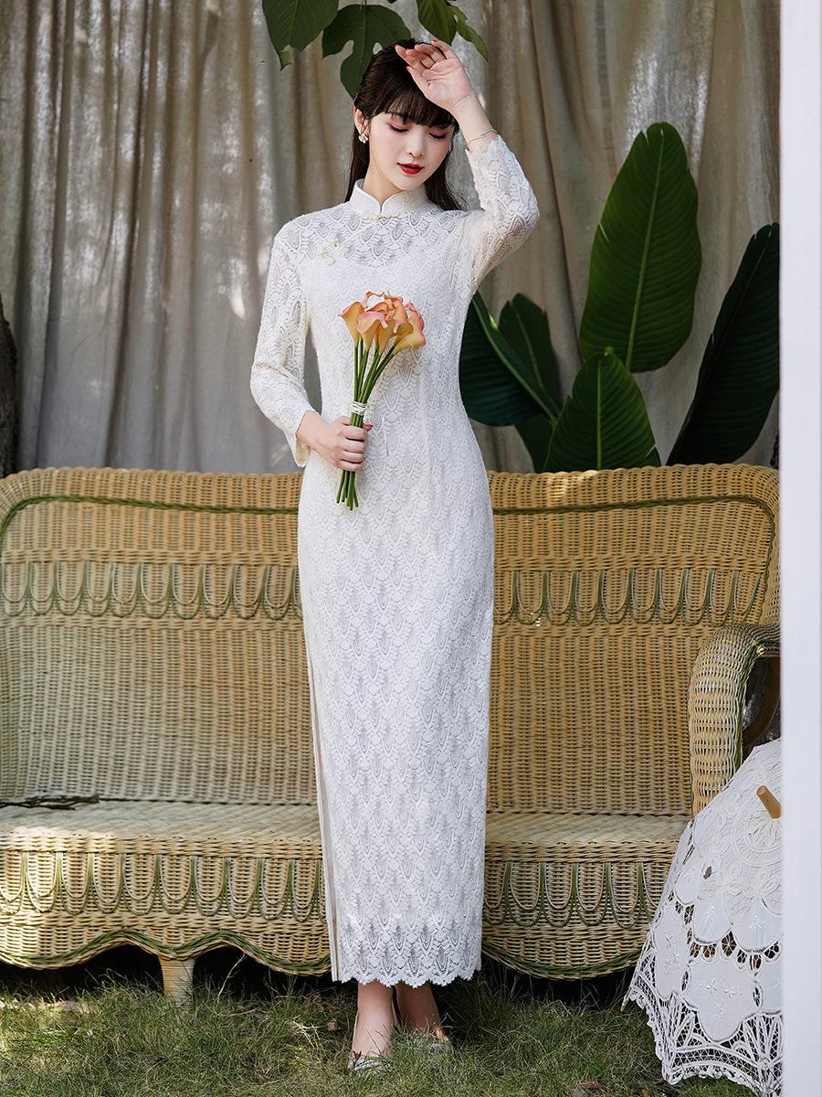 lace qi pao deep v neck dress Kim Shui - Lace Qi Pao Deep V Neck Dress by Kim Shui