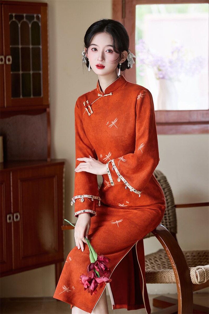 Tangerine Orange Qi Pao Dress: Modern Chinese Style, Slim Fit - Etsy
