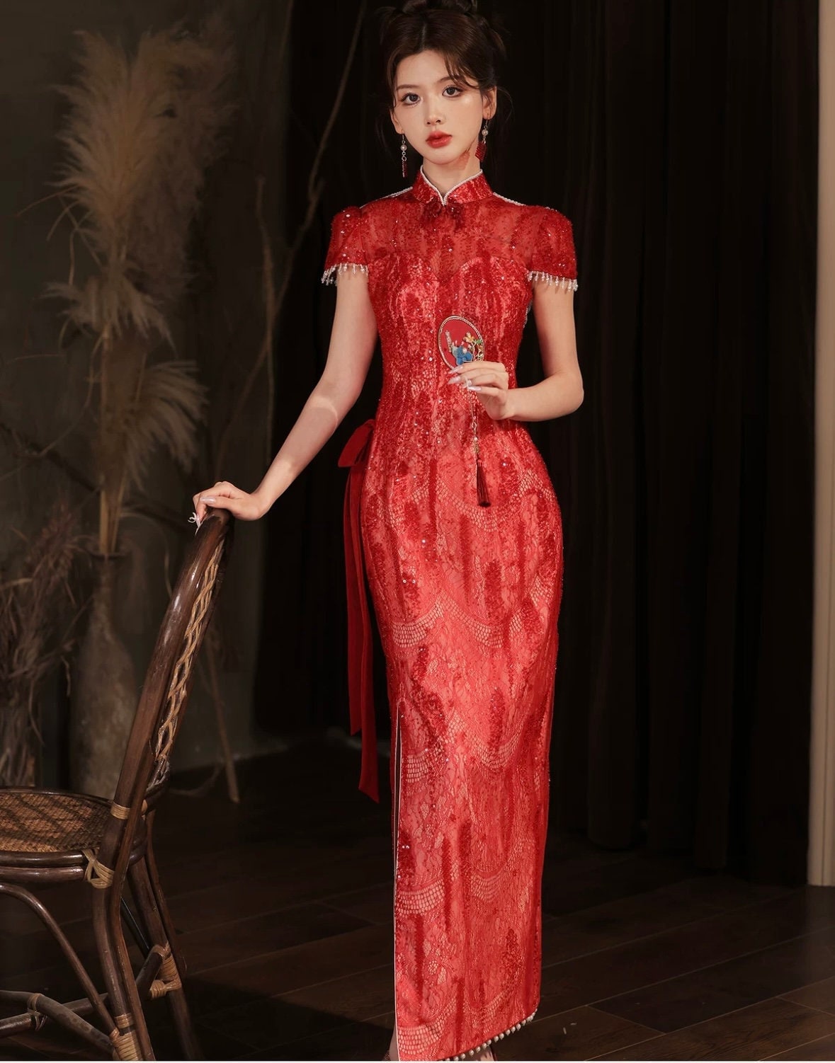 open lace back dress Red Chinese Wedding Dress, Red Qipao Prom Dress, Wedding Qipao Dress Wine Red / L main image 0