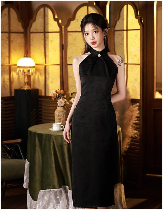 Sleeveless Qipao, midi Cheongsam, wedding Qipao, daily Cheongsam Black / S