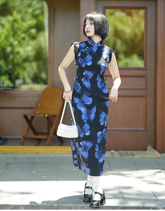 black dress with blue butterflies Lauren Moshi Beatrix Mini Butterflies Maxi Dress in Black