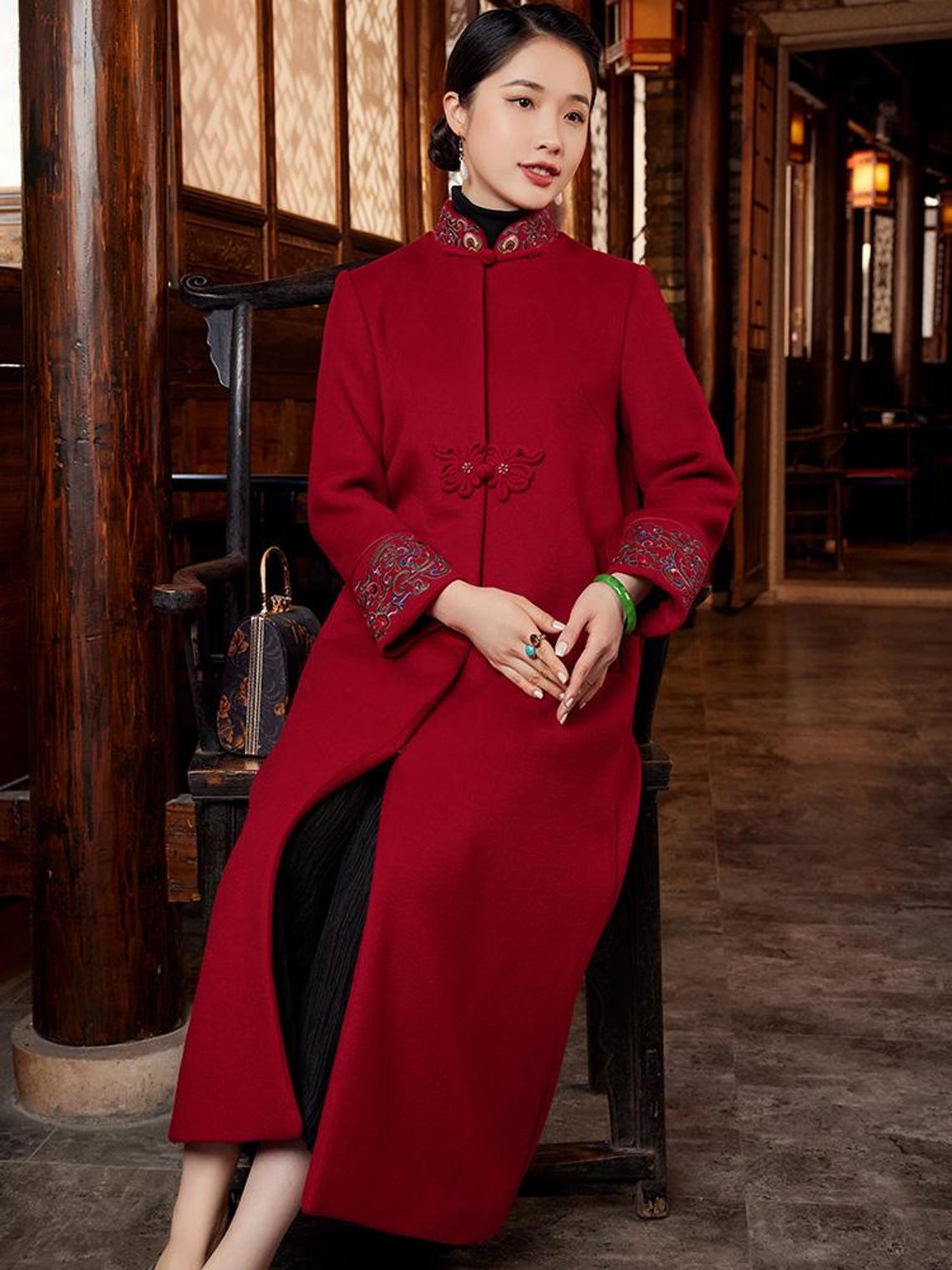 Embroidered Wool Long Tang Jacket: Burgundy Chinese Style Qipao ...