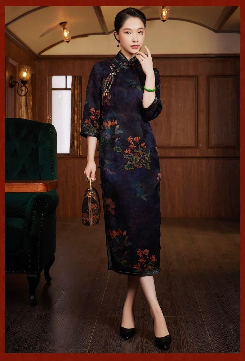 mandarin collar dress Mandarin Collar Long Sleeve A-Line Velvet Oriental Evening Dress Black / XS