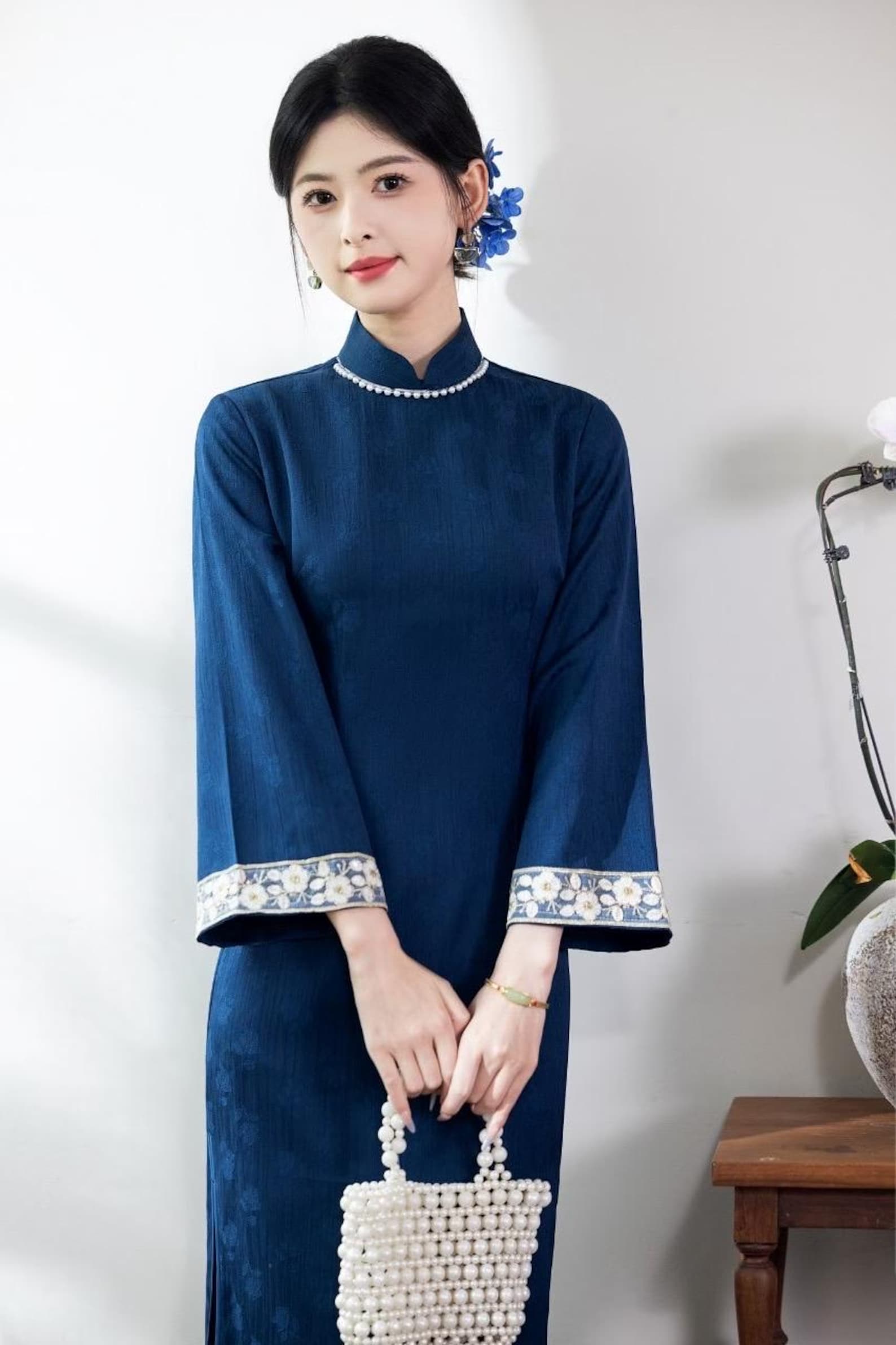 Blue Flutter Sleeve Qipao, Vintage Chinese Cheongsam Dress