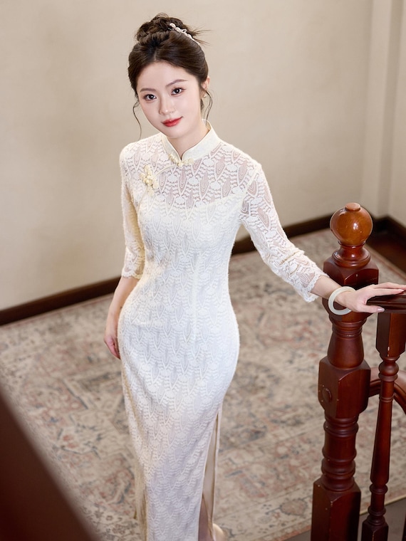 Elegant White Lace Qi Pao: Bridal Dress for Engagement & Wedding - Etsy Elegant White Lace Qi Pao: Bridal Dress for Engagement & Wedding - Etsy