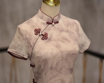 Pink Purple Qipao Dress: Vintage Floral Short Sleeve Cheongsam