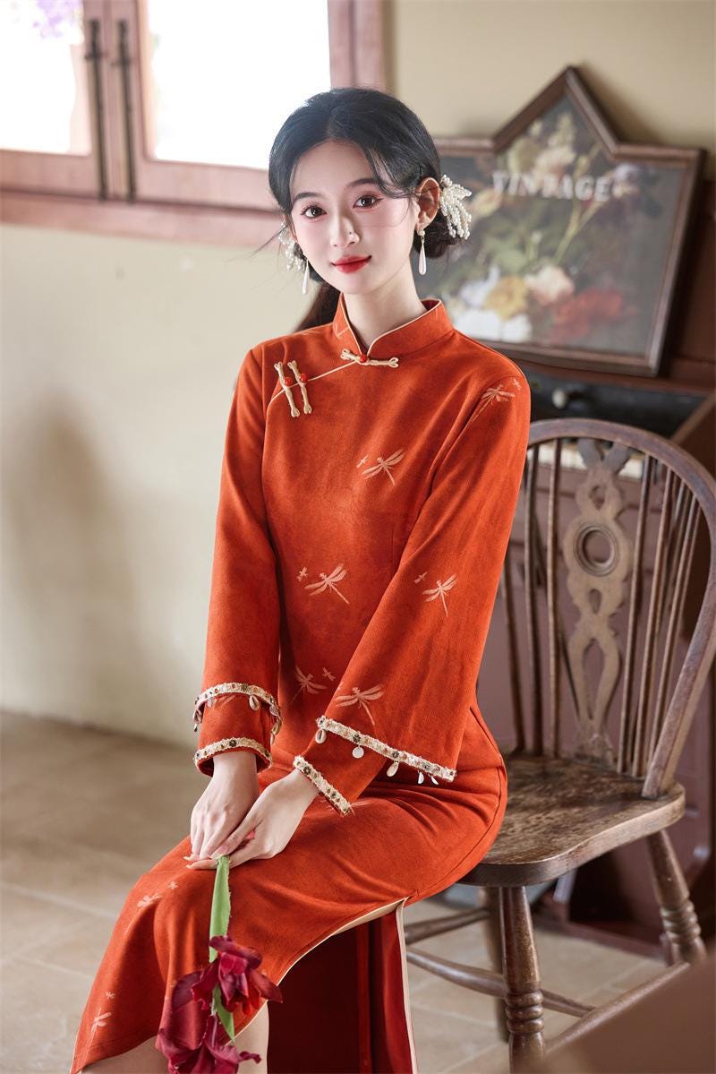Tangerine Orange Qi Pao Dress: Modern Chinese Style, Slim Fit - Etsy