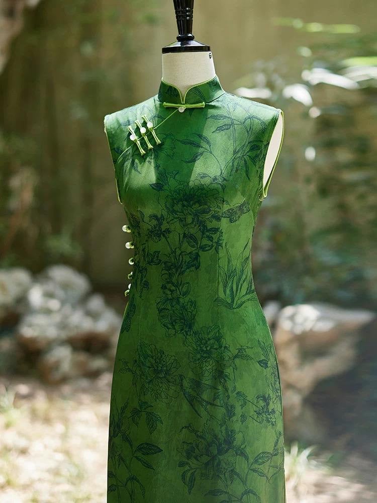 Green Sleeveless Cheongsam, Summer Chinese Qipao, Floral Pattern Daily Wear Dress