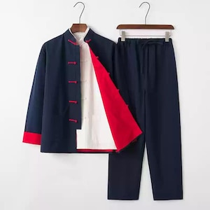 Plus Size Men's Chinese Style Three-Piece Set: Cotton Shirt, Jacket & Pants