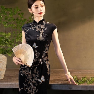 Black Velvet Cheongsam Dress: Modern Chinese Qipao, Prom Evening Gown