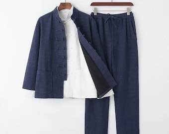 Linen Tang Suit for Men, Three-Piece Set, Chinese Style Vintage Hanfu, Long Sleeve, Plus Size for Spring, Autumn, and Winter Men Cheongsam