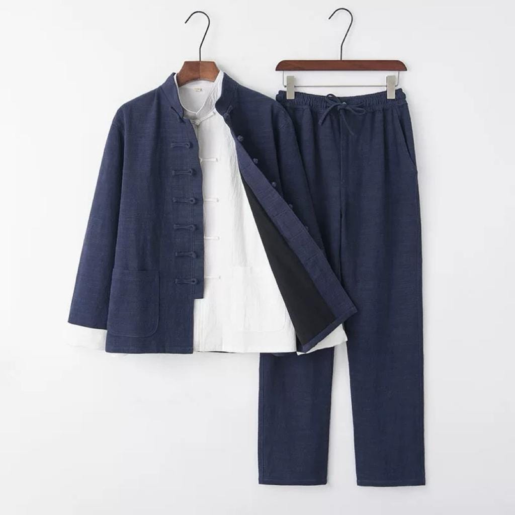Men's Chinese Style Three-Piece Set: Linen Shirt, Jacket & Pants