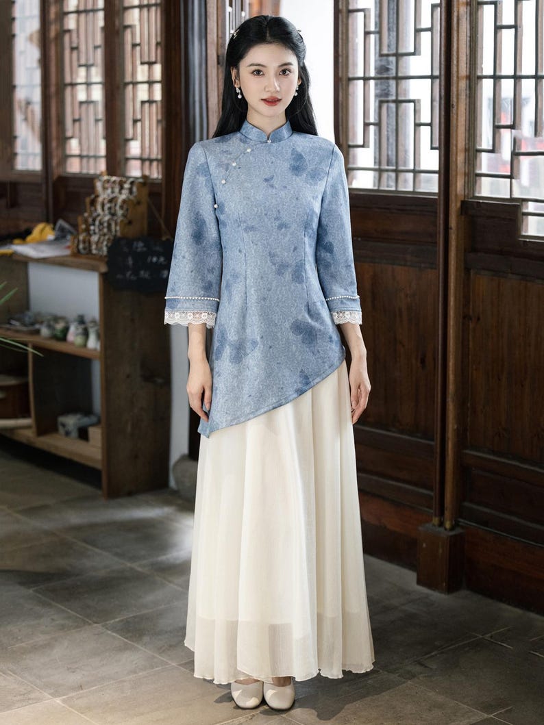 Beige & Blue Two-tier Qi Pao: Modern Ao Dai Style Dress - Etsy