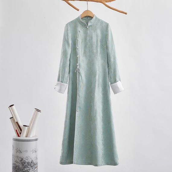 Cheongsam tradizionale in rayon Qipao, abito cinese giallo/azzurro