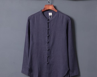Men's Linen Long Sleeve Taichi Shirt: Chinese Frog Button Design