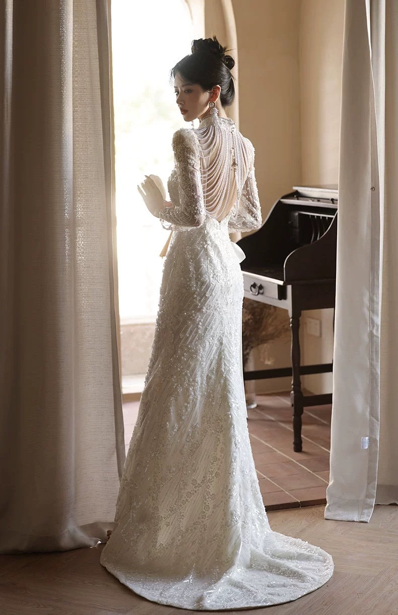 lace chinese wedding dress wedding Qipao dress, wedding cheongsam, Chinese oriental wedding gown XS / White
