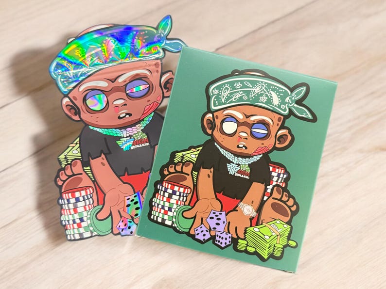 May include: Two cartoon illustrations of a person wearing a bandana and holding stacks of money and dice. The person on the left is wearing a holographic bandana and the person on the right is wearing a green bandana.