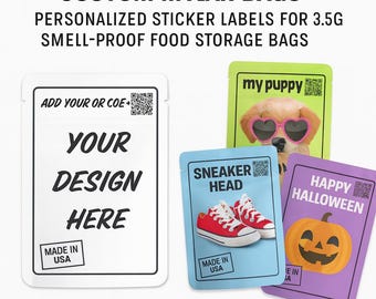 Custom Mylar Bags – Personalized Sticker Labels for 3.5g Smell-Proof Food Storage Bags