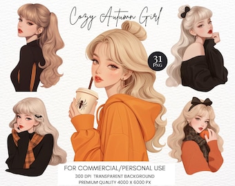 Cozy Autumn Girl Clipart Bundle: Halloween Fashion (Digital Download)