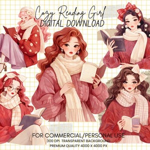 Cozy Reading Clipart Bundle: Sweater Weather Girl, Bookworm PNG (Commercial Use, Digital Download)