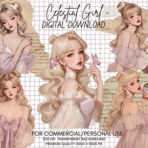 Celestial Girl Clipart Bundle - Lila Schmetterling Mädchen,Fashion Girl,Celestial,Schmetterling,Fantasy Girl,Blumen Illustration für Aufkleber,Planer