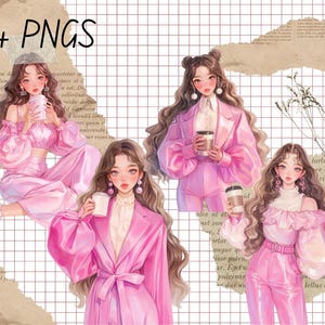 Op de afbeelding: Digitale illustratie met vier vrouwen in roze outfits, elk met een koffiekopje. De afbeelding bevat de tekst "24 PNGS" in de linkerbovenhoek. De achtergrond heeft een rasterpatroon en gescheurd papier.